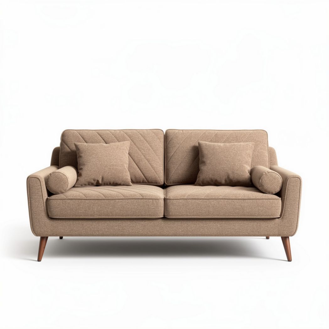 Fabric upholstered sectional sofa with two accent pillows in beige 200 x 80 x 90cm