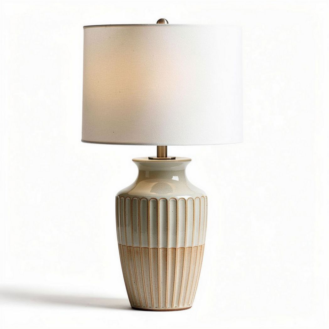 Ceramic table lamp with white shade and ribbed design 30 x 30 x 50cm