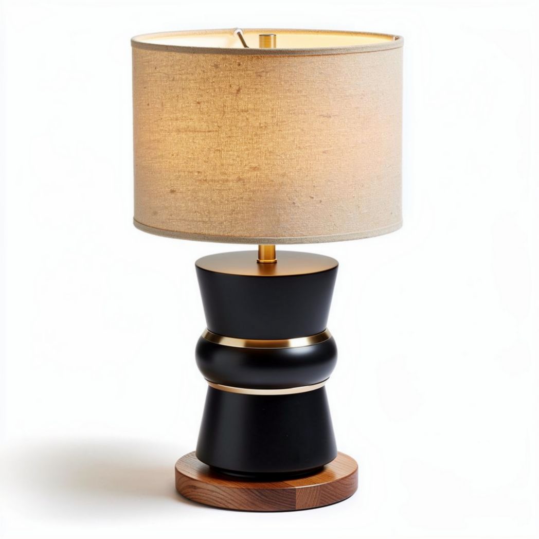 Black and gold table lamp with linen shade and wooden base 30 x 30 x 60cm