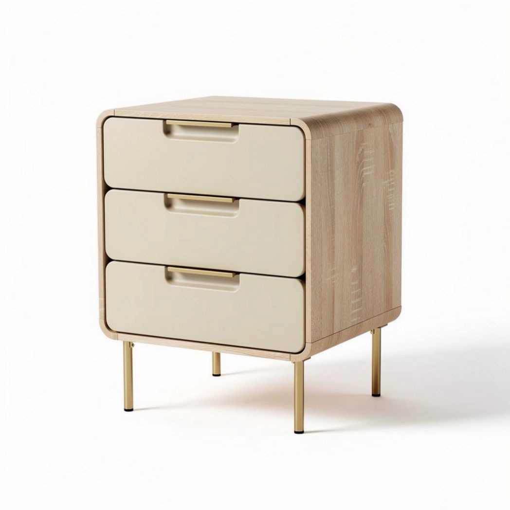 Wooden nightstand with three drawers and metal legs in natural color 40 x 40 x 60cm