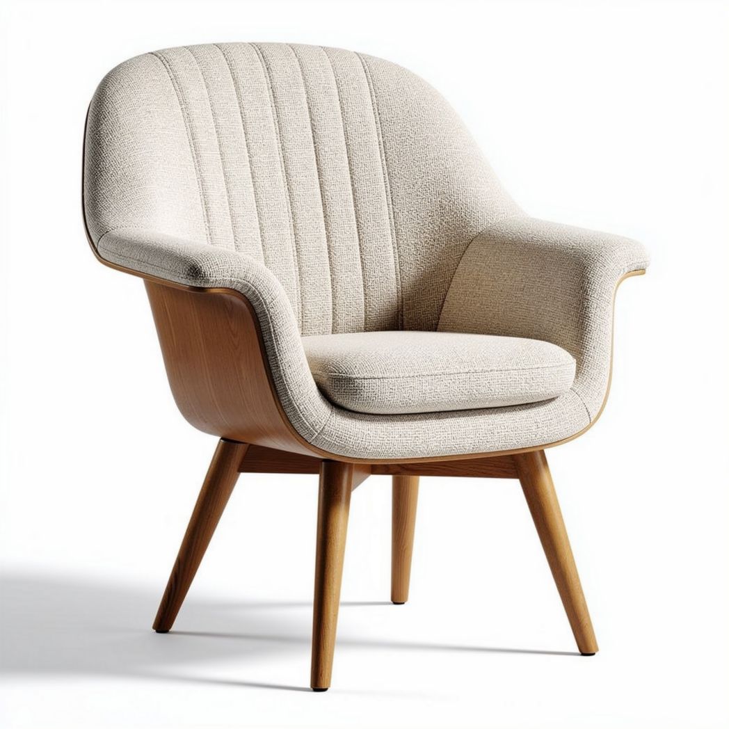 Fabric upholstered armchair with wooden legs in light beige 70 x 70 x 80cm